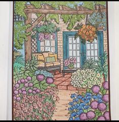 a drawing of a garden with flowers and a bench