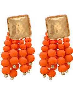 Steven Dann Hammered Metal Beaded Tassel Earrings in gold/ bright orange. All Sale Merchandise is FINAL SALE. Matte gold hammered metal square posts. Bright Orange wooden bead tassels. Standard post. Orange Earrings With Gold Beads As A Gift, Orange Earrings With Gold Beads For Gift, Orange Beaded Earrings With Gold Round Beads, Orange Tassel Drop Earrings With Dangling Beads, Bead Tassels, Resort Accessories, Rococo Sand, Minnie Rose, Beaded Tassel Earrings