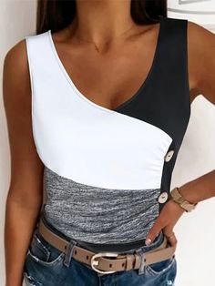 Skinny Sleeveless Contrast Color Elasticity Pleated Split-Joint V-Neck Vest Top WHITE-S Trendy White V-neck Tank Top, White V-neck Vest Top, White Casual V-neck Tank Top, Casual White V-neck Tank Top, Sleeveless Vest, Vest Top, Office Wear, Neck Designs, Contrasting Colors