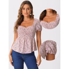 The sweetheart neckline has always felt like a subtle nod to the past. This elegant silhouette punctuates the collarbone while creating a linear line that is comfortable and beautiful. Puff sleeves are retro, romantic, girly, and sweet, making these casual tops more unique and charming, creating a stylish look for you. This Women's Summer Ditsy floral Peplum Top is a must-have in your wardrobe, perfect for leisure fashion wear. Fitted Floral Print Top With Sweetheart Neckline, Feminine Fitted Blouse With Smocked Bodice, Fitted Feminine Blouse With Smocked Bodice, Feminine Tops With Sweetheart Neckline And Fitted Bodice, Fitted Pink Blouse With Smocked Bodice, Feminine Ruffled Tops With Sweetheart Neckline, Linear Line, Floral Peasant Top, Floral Peplum Top