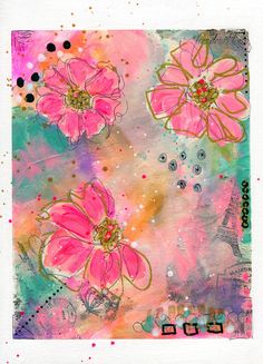 an abstract painting with pink flowers on it