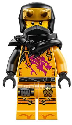 a yellow lego figure wearing a black helmet