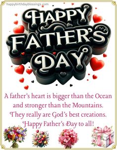 a happy father's day card with flowers and hearts on the front, and an inscription