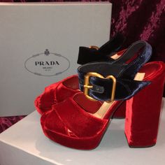 100% Authentic Rare Limited Edition Style; Red And Navy Velvet Prada Strappy Sandals With Chunky Heel, Gold-Tone Metal Hardware And Chunky Belted Closure; 5.125" Heel Great Condition; Signs Of Wear On Soles Leather And Velvet Size Eur 37.5 Us 7 Comes With Original Box & Each Shoe Has Its Own Satin Draw String Bag To Prevent Contact Designer Red Block Heel Shoes, Designer Red Block Heel Heels, Designer Red Block Heels, Luxury Red Heels With Buckle Closure, Designer Red Heels With Buckle Closure, Designer Red Platform Sandals, Chunky Heel Sandals, Shoes Prada, Velvet Shoes