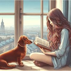 a woman sitting on the floor reading a book next to a dog, with a cityscape in the background