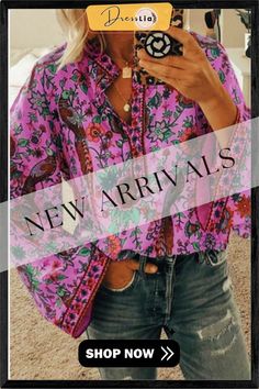 Fashion Casual Floral Print Blouse Printed Blouse For Fall Vacation, Casual Printed Blouse For Party, Summer Purple Floral Print Blouse, Summer Floral Print Purple Blouse, Spring Vacation Purple Blouse, Purple Fall Tops For Vacation, Purple Tops For Fall Vacation, Casual Purple Tops For Fall Vacation, Spring Vacation Long Sleeve Blouse