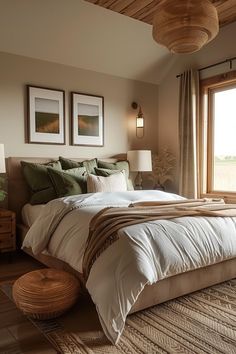 a large bed sitting in a bedroom next to a window