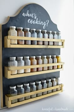 a chalkboard with spices on it and what's cooking? written on it