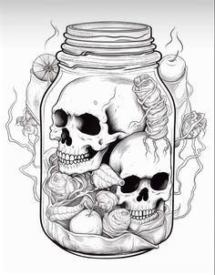 a jar filled with skulls sitting on top of a table