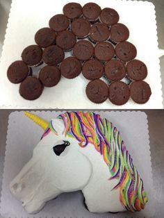 there are two cakes and one has a unicorn head on the top, with chocolate cookies in the middle