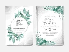 wedding card with watercolor leaves and marble background, save the date cards templates