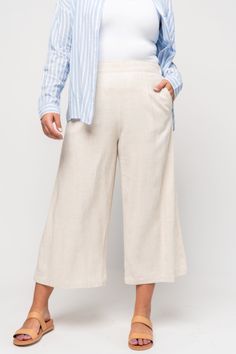 Grey Pant Holley Girl Beige Cropped Wide Leg Pants With Pockets, Beige Wide Leg Cropped Pants With Pockets, High Waist Stretch Linen Bottoms, High Waisted Stretch Linen Bottoms, Cotton Bottoms With Wide Waistband In Relaxed Fit, Casual Wide Leg Bottoms With Wide Waistband, Cotton Bottoms With Wide Waistband And Relaxed Fit, Casual Wide-leg Pants With Wide Waistband, Casual Bottoms For Spring