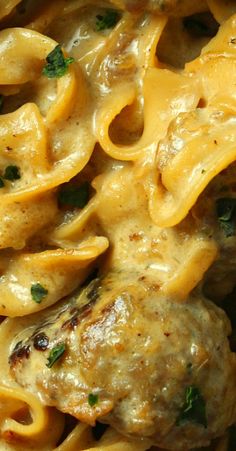 closeup of macaroni and cheese with meatballs