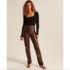 32 Long - New - Abercrombie & Fitch Fitted Straight Leg Leather Pants For Fall, Classic Fall Pants For Night Out, Classic Pants For Fall Night Out, Classic Pants For Night Out In Fall, Classic Bottoms For Fall Night Out, Classic Bottoms For Night Out In Fall, Fitted Leather Straight Pants For Fall, Patent Leather Pants, Black Coated Jeans