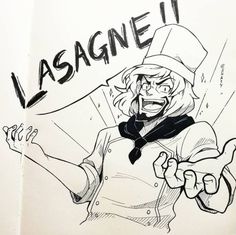 a black and white drawing of a cartoon character pointing at something with the word lasagne ii written on it