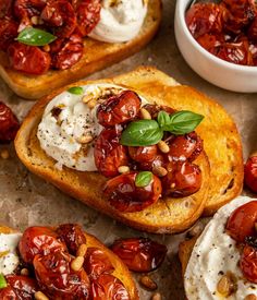 toasted bread topped with cherry tomatoes and goat cheese