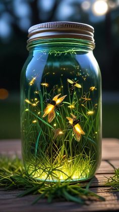 a glass jar filled with grass and glowing butterflies in the night sky, on top of a wooden table