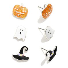 Set of Three Enamel Stud Halloween Earrings. Witches Hat, Ghost, Glitter pumpkin- Approximately .25" Diameter Novelty Orange Earrings For Halloween, Novelty Halloween Costume Jewelry, Novelty Jewelry For Halloween Costume, Orange Novelty Halloween Jewelry, Glitter Pumpkins, Witches Hat, Classic Halloween, Halloween Earrings, Witch Hat