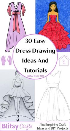 an image of dress drawings with text overlay that reads, 30 easy dress drawing ideas and