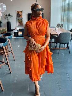 Denise Ruffle Dress (Orange) - Ninth and Maple Ruffle Dress Black, Orange High Heels, Outing Ideas, Loose Long Dress, Spring Attire, High Heels Outfit, Orange Outfit, African Clothing Styles, Dress Orange