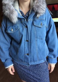 Trendy Oversized Denim Jacket For Winter, Trendy Hooded Denim Jacket For Winter, Casual Fluffy Outerwear For Spring, Casual Denim Jacket With Faux Fur Trim For Winter, Trendy Spring Denim Jacket With Faux Fur Lining, Winter Denim Jacket With Faux Fur Trim, Trendy Denim Jacket For Cold Weather, Vest Fashion, Short Coat