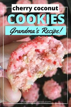 These easy cherry coconut cookies AKA snowball cookies are my grandmother’s recipe from way back when.  Make this easy homemade cookie recipe for Christmas, Valentine’s Day, or just because it’s Tuesday… because who really needs an excuse to eat the best cherry cookies?  Made with maraschino cherry, pecans, and coconut.  So yummy! Coconut Cherry Cookies, Cherry Nut Cookies, Christmas Coconut Cookies, Coconut Christmas Cookies, Maraschino Cherry Recipes, Cherry Winks Cookie Recipe, Cherry Snowball Cookies, Cookies With Cherries, Maraschino Cherry Cookies