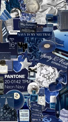 a collage of blue and silver items with the words happy new year written on them