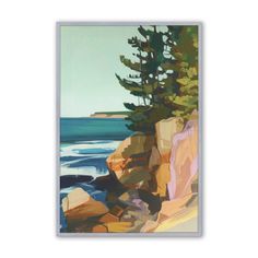 a painting of the ocean and rocks with trees on each side, framed in white frame