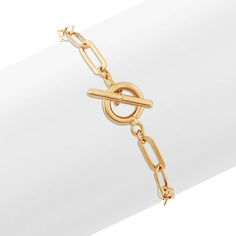 This gorgeous bracelet measures ¼ inch wide and is crafted from quality vermeil 14 karat yellow gold. The link and toggle clasp adds style to the seven and half inch design. Luxury Modern Chain Bracelet With Gold Clasp, Luxury Gold Bracelet With Toggle Clasp As Gift, Elegant Luxury Chain Bracelet With Toggle Clasp, Luxury Paperclip Chain Link Bracelet With Lobster Clasp, Luxury Classic Bracelet With Gold Clasp, Luxury Elegant Chain Bracelet With Toggle Clasp, Luxury Classic Chain Bracelet With Gold Clasp, Luxury Gold Clasp Chain Bracelet, Luxury Timeless Chain Bracelet With Toggle Clasp