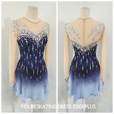 two pictures of a dress with sequins on the top and bottom, one in blue