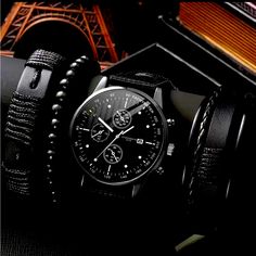 Black Quartz, Watch With Three-Piece Beaded Bracelets Casual Black Watch, Trendy Black Watch As A Gift, Trendy Black Watch For A Gift, Trendy Black Watch For Gift, Black Quartz, Black Suits, Three Piece, Luxury Watches, Quartz Watch