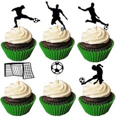 cupcake toppers with soccer silhouettes on them