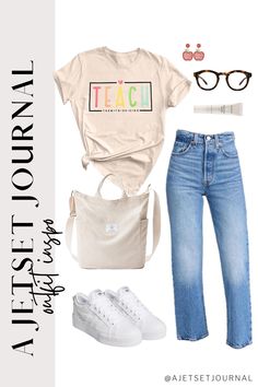 Start the school year in style with these fresh teacher outfits for the first day of school! From a retro graphic tee paired with a printed flowy skirt to chic trousers with a fun graphic t-shirt, these looks keep comfort and practicality in mind. Perfect for teacher outfits back to school, these outfits are complemented with white sneakers and blue light blocking glasses. Shop these teacher outfits amazon for the perfect back-to-school look! Teacher Outfits Amazon, Outfits Back To School, Chic Trousers, Outfits Amazon, Teacher Fits