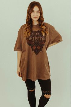 Brand: Comfort Color Fit: Unisex Material: 100% Ring Spun Cotton Distressed Tops For Streetwear In Fall, Fall Distressed Tops For Streetwear, Distressed Edgy Tops For Fall, Distressed Brown Summer Tops, Edgy Washed Tops For Fall, Brown Grunge Tops For Streetwear, Oversized Band Merch Tops For Fall, Oversized Washed Edgy Tops, Edgy Oversized Washed Tops