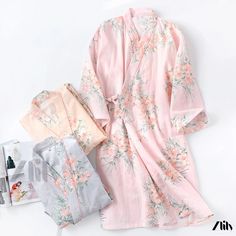 Zlily - Cotton Kimono-Style Sleepwear Set with Floral Embellishments and Belted Sleep Dress Summer Floral Print Long Sleeve Sleepwear, Long Sleeve Floral Print Summer Sleepwear, Elegant Cotton Sleepwear For Spring, Elegant Spring Cotton Kimono, Pink Feminine Spring Robe, Pink Feminine Robe For Spring, Printed Cotton Dresses For Wedding, Elegant Spring Cotton Robe, Pink V-neck Kimono For Spring