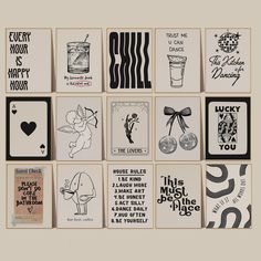 a collage of cards with different designs and words on them, all in black and white