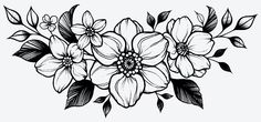 a black and white drawing of flowers with leaves on the bottom half of each flower