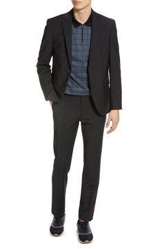 Look polished while staying comfortable in this ultrastretchy sport coat cut with an extratrim fit for a modern silhouette. 29 1/2" Length (Size 42R) Notched lapels Lined Four-way-stretch fabric 52% wool, 43% polyester, 5% elastane Dry clean Imported Fitted Tuxedo Outerwear With Welt Pockets, Black Notch Lapel Sport Coat For Business Casual, Modern Fitted Suits For Fall, Stretch Blazer For Business Casual, Sleek Fitted Outerwear For Business Casual, Modern Fitted Fall Suit, Tailored Black Sport Coat With Flat Front, Black Tailored Sport Coat With Flat Front, Slim Fit Flat Front Sport Coat For Business Casual