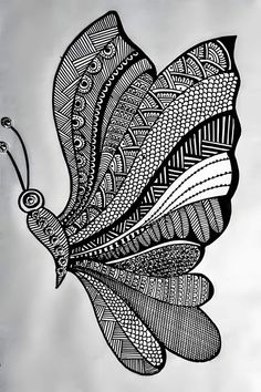 a black and white drawing of a butterfly with intricate designs on it's wings