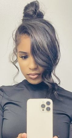 Sleek Bun Black Women Weave, Sleek Bun With Bangs Black Women, Protective Hairstyle With Braiding Hair, Up Styles For Black Women, Soft Bun Hairstyles, Black Woman Updo Hairstyles, Easy Pin Up Hairstyles, Maternity Hairstyles, Messy Updo Black Women