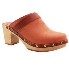 "The Maria from BJORK by KLÄGN Swedish Comfort is an open back, closed toe clog in Vintage Oiled top grain leather. * Hand-made in Europe * Beautiful Terracotta Color Top Grain Leather * 2.75\" / 70mm heel and .75\" / 20mm platform * Natural European wood outsole with rocker bottom to propel the foot forward * Wood outsole harvested from sustainable European forests  Ships in 1 business day from the US  ♥ Sizing Conversion ♥ EU US Women's * EU 35 ---- US 5 * EU 36 ---- US 5.5 - 6 * EU 37 ---- US Brown Suede Clogs With Stacked Heel, Orange Leather Round Toe Clogs, Orange Leather Closed Toe Clogs, Orange Leather Clogs, Orange Closed Toe Leather Clogs, Orange Leather Open Heel Mules, Terracotta Color, Clogs Style, Clog Heels