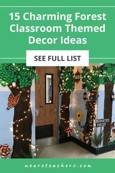 the classroom door decorated with trees and lights for christmas time is featured in this postcard