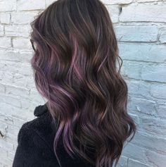 Purple Highlights Brown Hair, Purple Brown Hair, Purple Hair Highlights, Purple Balayage, Aveda Hair, Aveda Color, Bronde Hair, Purple Highlights, Physical Beauty