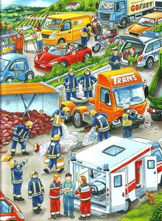 a painting of firemen and ambulances in a parking lot surrounded by other vehicles