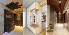 three different views of the inside of a house with wood floors and walls, including an elevator