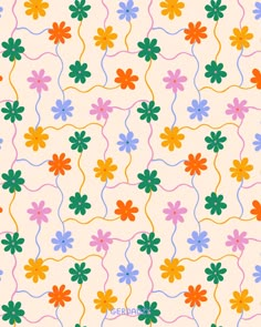 an image of colorful flowers and lines on a white background with pink, blue, green, red, yellow