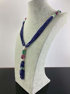 Traditional Ruby Beaded Necklace, Traditional Ruby Gemstone Beaded Necklaces, Luxury Sapphire Gemstone Beads Necklaces, Luxury Ruby Beaded Necklaces, Luxury Sapphire Necklaces With Faceted Beads, Deco Beads, Multi Strand Beaded Necklace, Ruby Beads, Emerald Bead