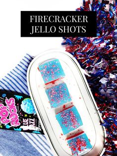 a firecracker jello shots in a tin with red, white and blue sprinkles