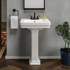 a white pedestal sink sitting next to a mirror and potted plant in a bathroom