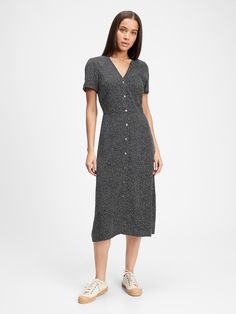 Button-Front Midi Dress | Gap Factory Casual V-neck Midi Dress With Buttons, V-neck Midi Dress With Buttons, V-neck Midi Dress With Button Closure, Button-up Rayon Midi Dress, V-neck Rayon Midi Dress With Buttons, Material Girls, Petite Size, Modest Dresses, Wearing Black